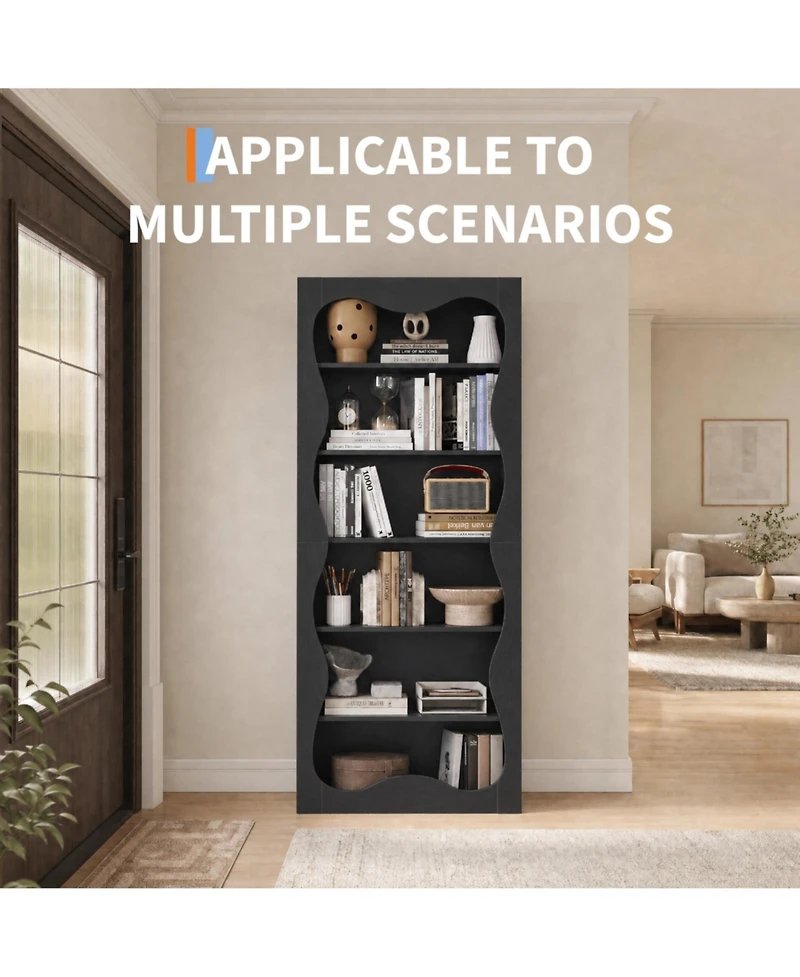gaomon Bookshelf Tall 6 Tier Modern Office Bookcase with Wavy Scalloped Edge Freestanding Wooden Storage Display for Living Room Bedroom Home