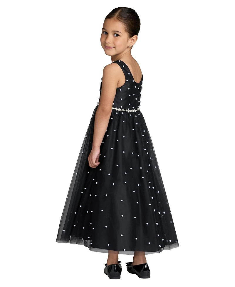 Mac Duggal Little Girls Pearl Embellished Tulle Maxi Dress
