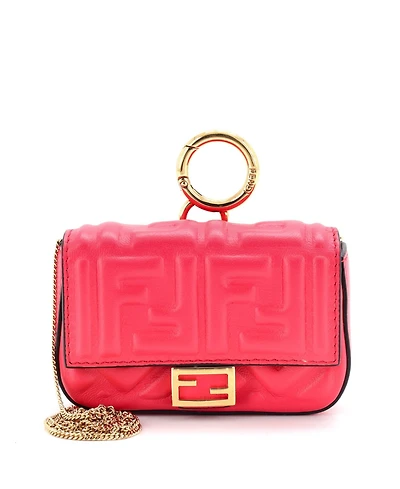 Pre-Owned Fendi Nano Chain Baguette Charm Bag Zucca Embossed Leather