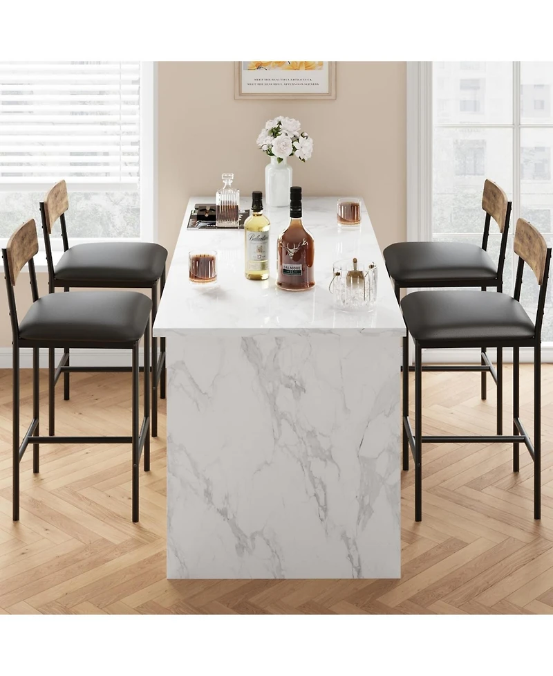 Faux Leather Bar Stools Set of 4 Counter Height 25.5" Black Kitchen Island Chairs with Backrest Footrest Metal Legs Cushioned Seat for Dining Room
