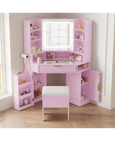 Corner Vanity Desk with Mirror Lights, Multiple Storage, Glass Top, Charging Station, Dimmable Led, Touch Control, Spacious Drawers, Open Cubby