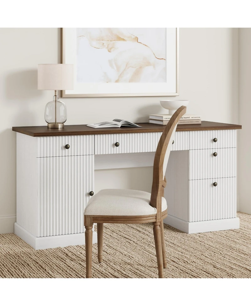 60" Modern Executive Desk with Storage Cabinet and Drawer, Fluted Design