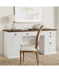 60" Modern Executive Desk with Storage Cabinet and Drawer, Fluted Design