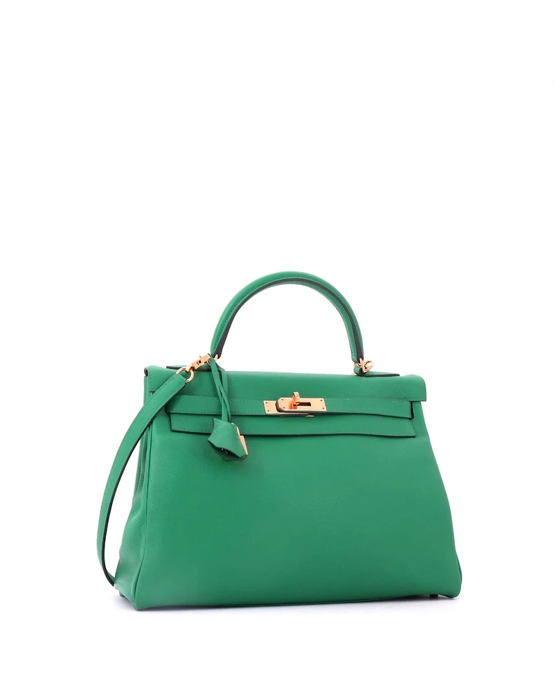 Pre-Owned Hermes Kelly 32 Handbag Green Evercolor with Gold Hardware