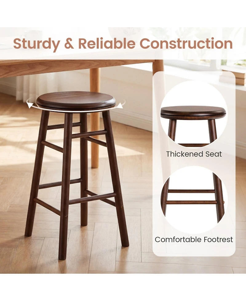Sugift 24 Inch Swivel Bar Stools Set of 2 with Footrests and Crossbars Solid Rubber Wood Counter Seating