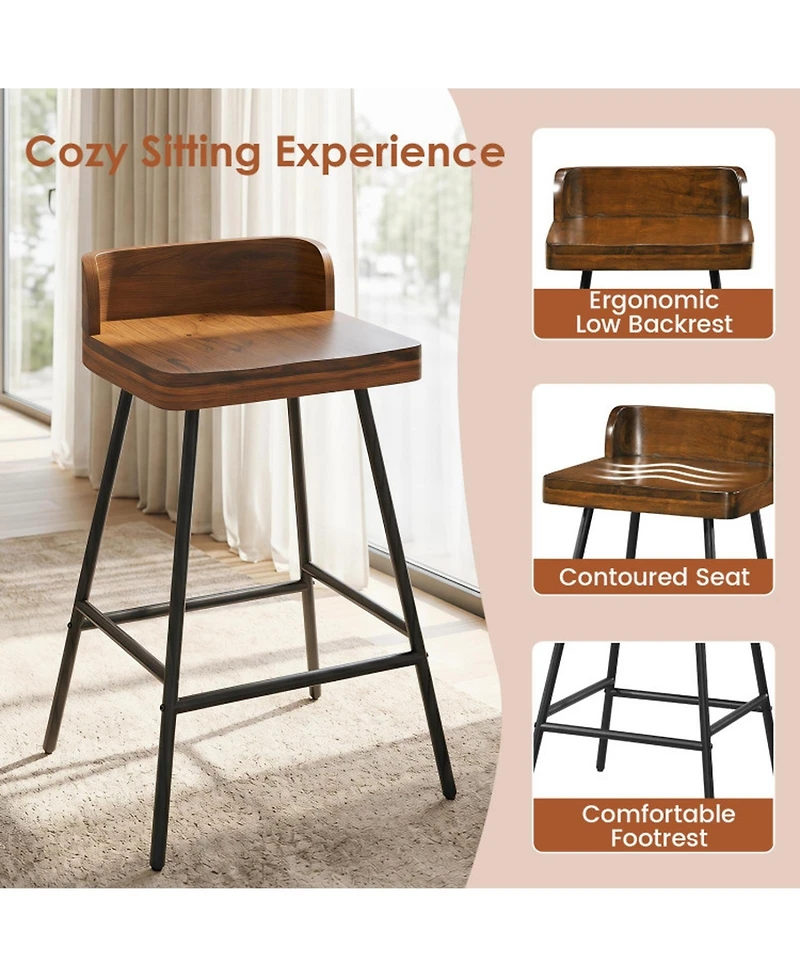 Sugift 24 Inch Industrial Bar Stool with Low Back Rubber Wood Seat and Metal Legs Counter Height Design