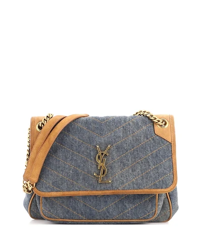 Pre-Owned Saint Laurent Medium Niki Chain Flap Bag Matelasse Chevron Denim with Suede