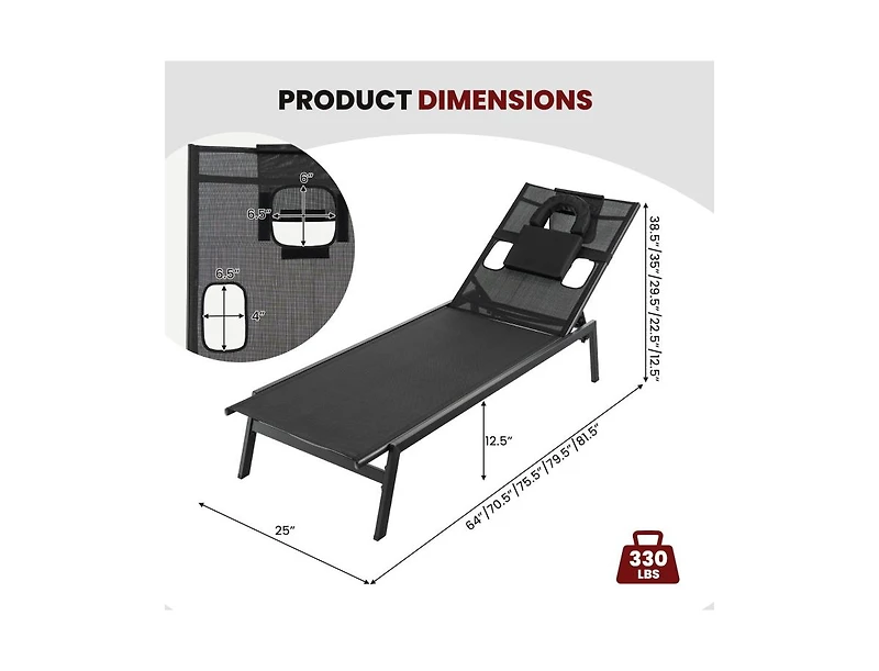 Boyel Living Patio Sunbathing Lounge Chair 5-Position Adjustable Tanning Chair