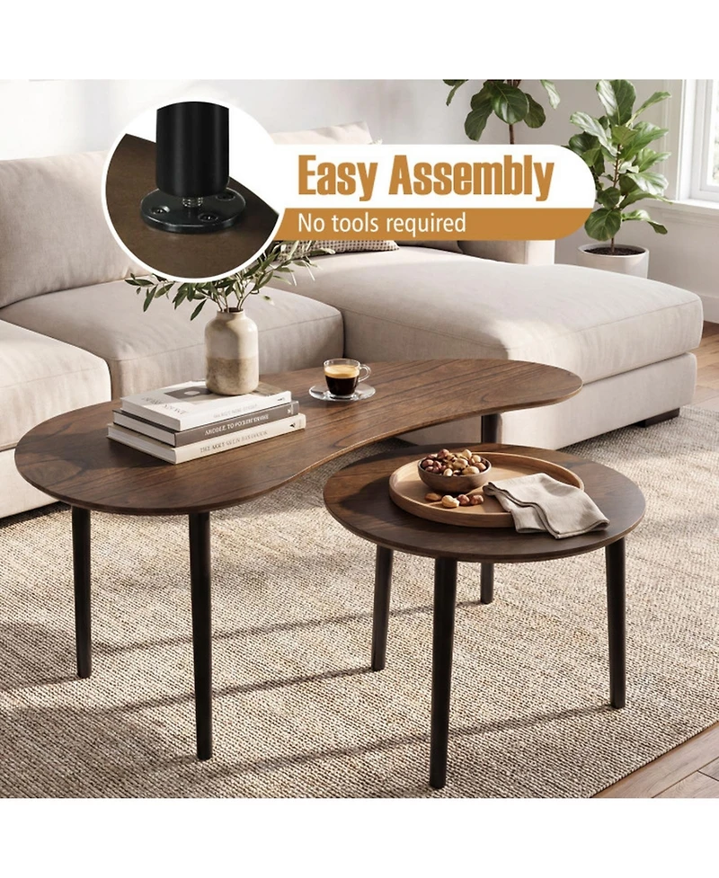 Sugift Mid Century Nesting Tables Set of 2 with Kidney Shaped Top and Rubber Wood Legs