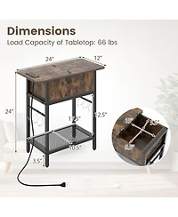 Sugift End Table with Charging Station Flip Top Hidden Compartment and Bottom Wire Shelf