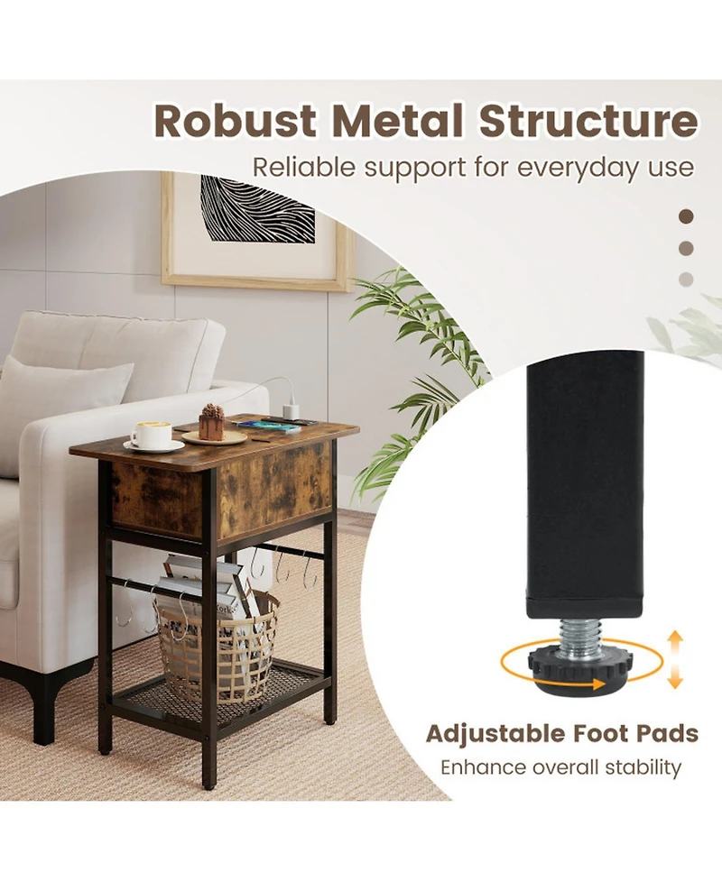 Sugift End Table with Charging Station Flip Top Hidden Compartment and Bottom Wire Shelf