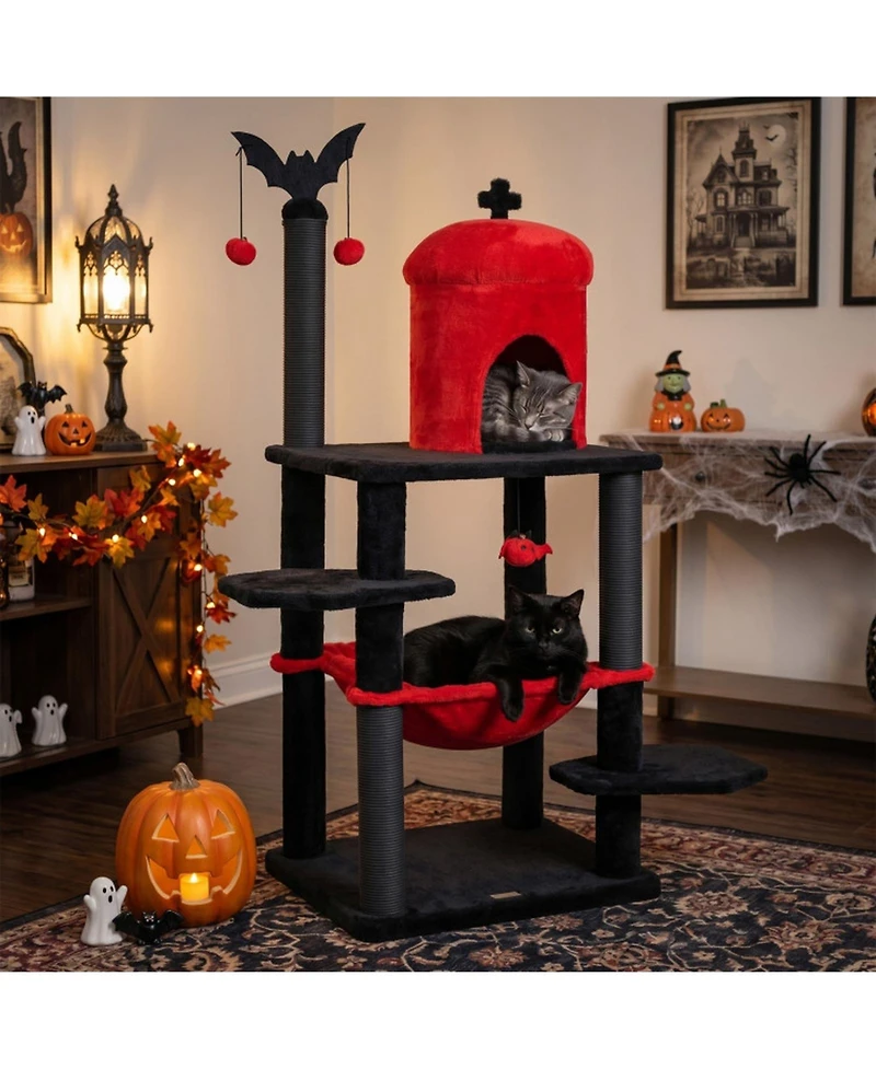 Sugift Gothic Cat Tree 51 Inch Multi-Level Castle Tower with Spider Hanging Toy and Hammock