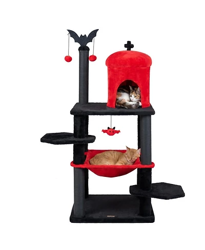 Sugift Gothic Cat Tree 51 Inch Multi-Level Castle Tower with Spider Hanging Toy and Hammock