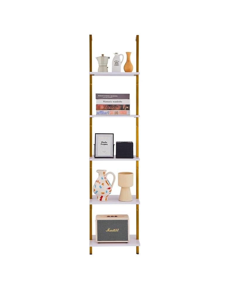 Slickblue 5 Tier Ladder Shelf, Wall Mounted Bookshelf with Metal Frame Storage Rack