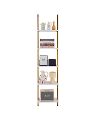Slickblue 5 Tier Ladder Shelf, Wall Mounted Bookshelf with Metal Frame Storage Rack