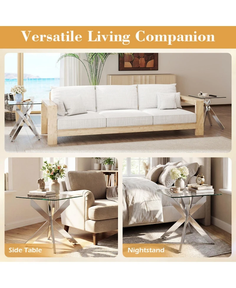 Sugift Square Glass End Table with Tempered Glass Top and Double X Metal Base