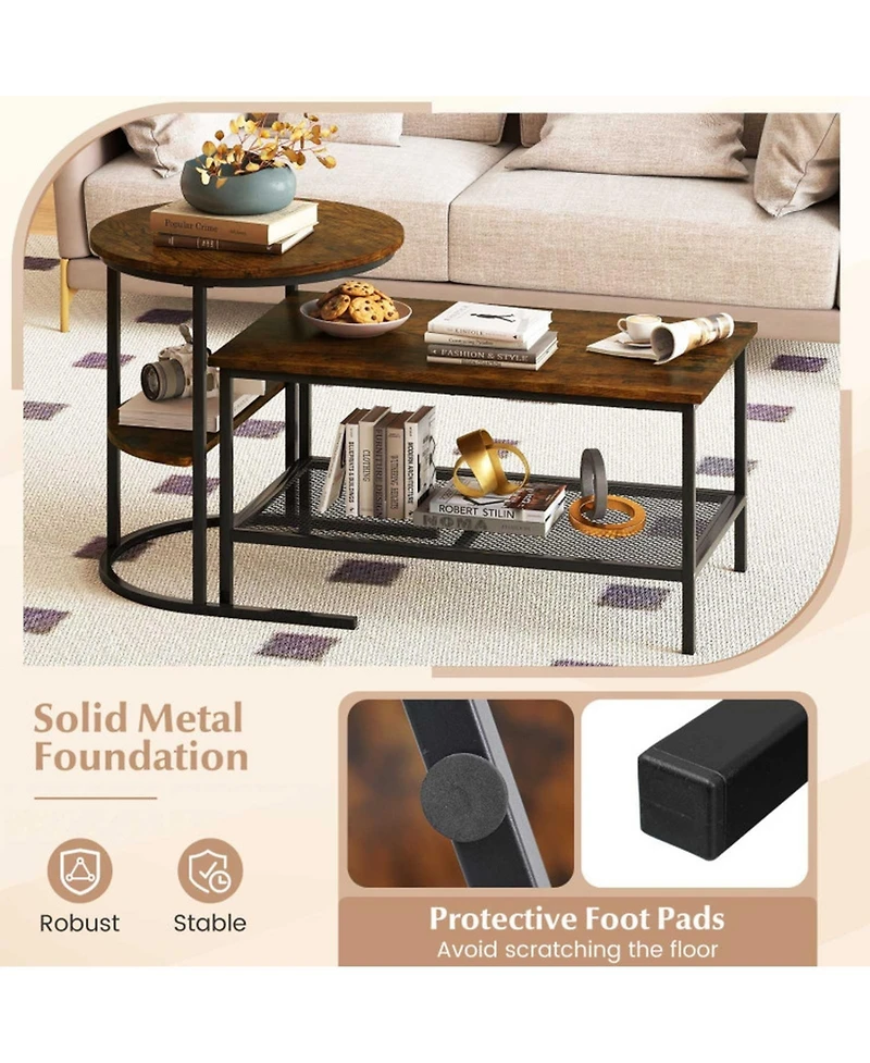 Sugift Industrial 2-Piece Faux Marble Coffee Table and End Table Set with Storage Shelves