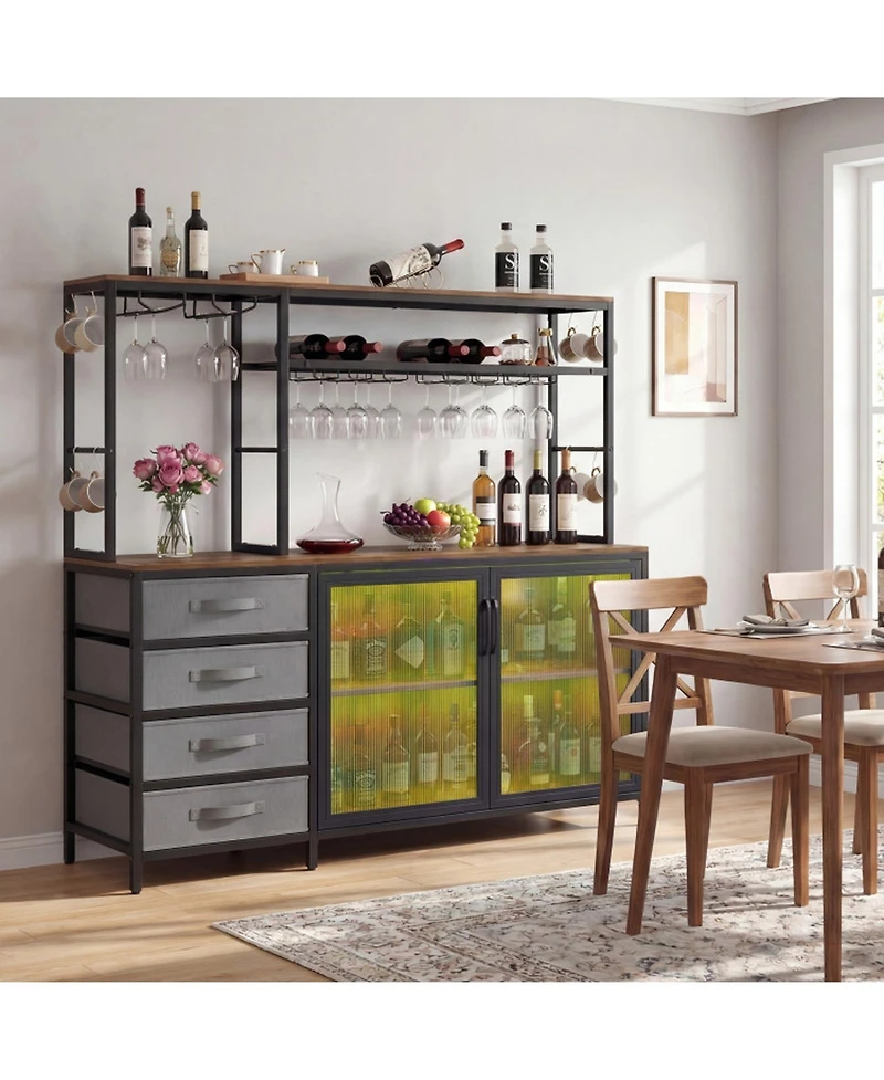 Sugift 55 Inch Bar Sideboard Cabinet with Rgb Led Lights Power Outlets and Wine Racks