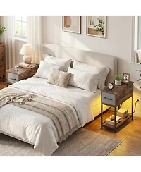 Sugift Industrial Narrow Side Table with Charging Station Led Lights and Fabric Drawer