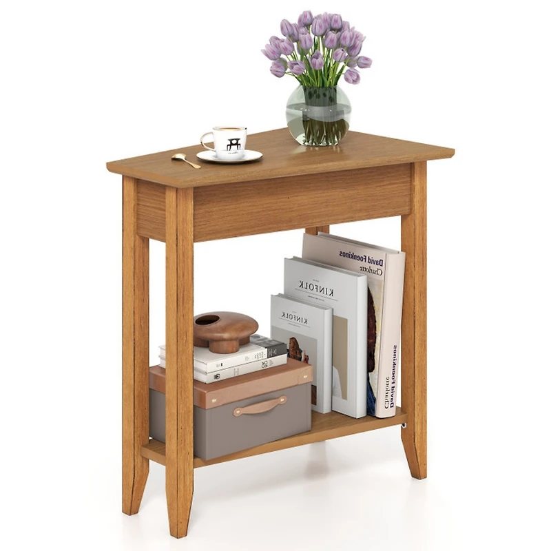 Sugift 2-Tier Wedge Narrow End Table with Storage Shelf and Solid Wood Legs