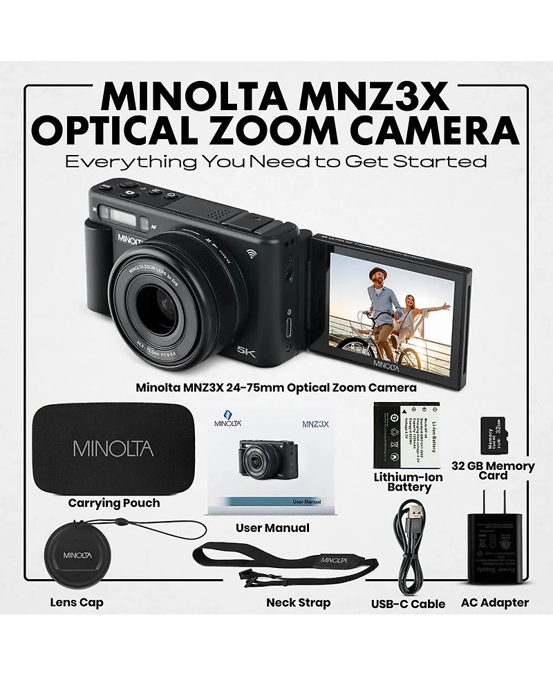 Minolta MNZ3X 72MP 5K Ultra Hd 24-75mm Optical Zoom Digital Camera
