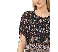 CeCe Women's Puff Raglan Short-Sleeve Tie Neck Floral-Print Blouse