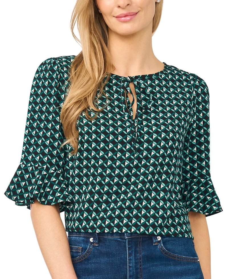CeCe Women's Split-Tie-Neck 3/4-Sleeve Ruffle-Cuff Blouse