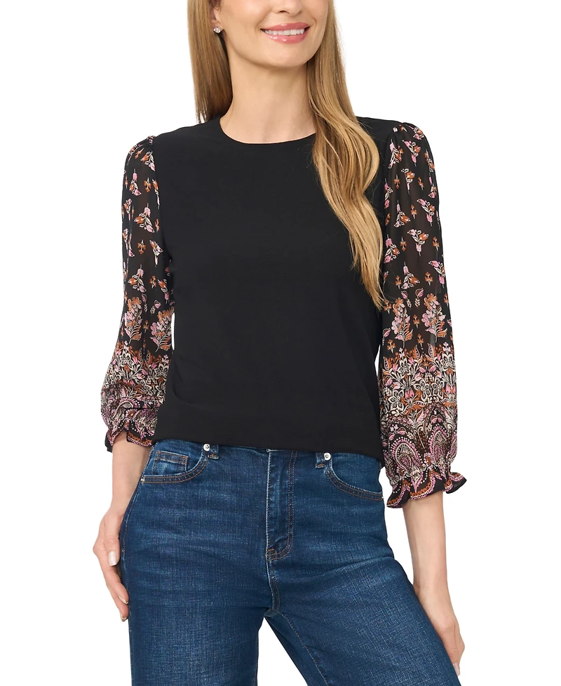 CeCe Women's Mixed Media Crew Neck Long-Sleeve Puff-Sleeve Blouse