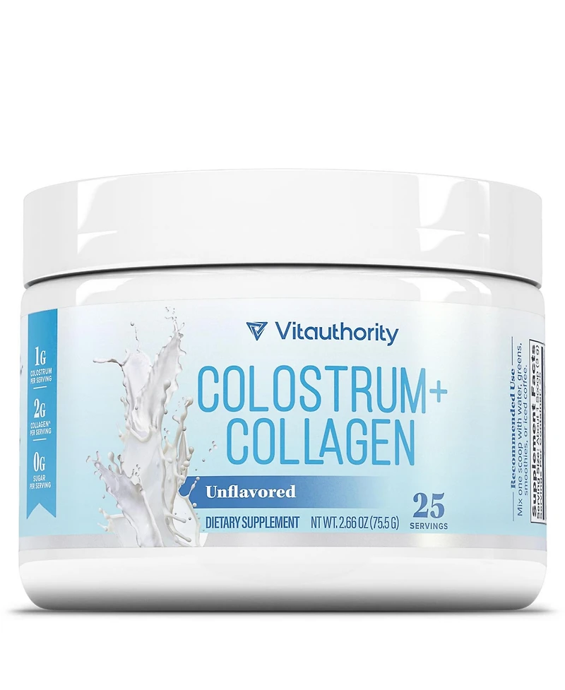 Vitauthority Colostrum Collagen Peptide Protein Powder, Hydrolyzed, HydroPeach, Gut Health, Skin and Immune Support, Unflavored, 25 Servings