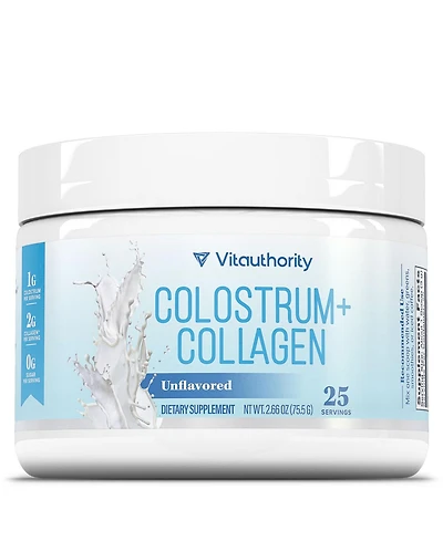 Vitauthority Colostrum Collagen Peptide Protein Powder, Hydrolyzed, HydroPeach, Gut Health, Skin and Immune Support, Unflavored, 25 Servings