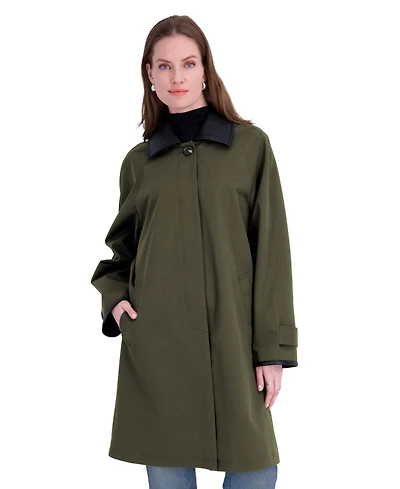 Tahari Women's Water-Resistant Faux-Leather Collared Balmacaan Coat