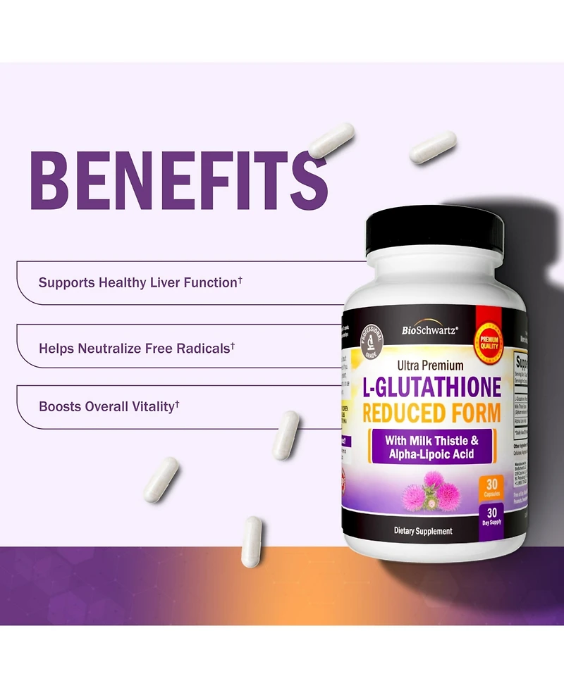 BioSchwartz Reduced Glutathione 500 Milligram with Alpha Lipoic Acid and Milk Thistle, 30 Capsules
