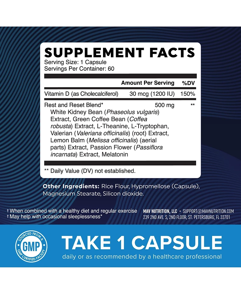 Mav Nutrition Night Time Fat Burner Sleep Aid, Appetite Suppressant and Metabolism Support Melatonin, L Theanine Non Gmo, 60 Capsules