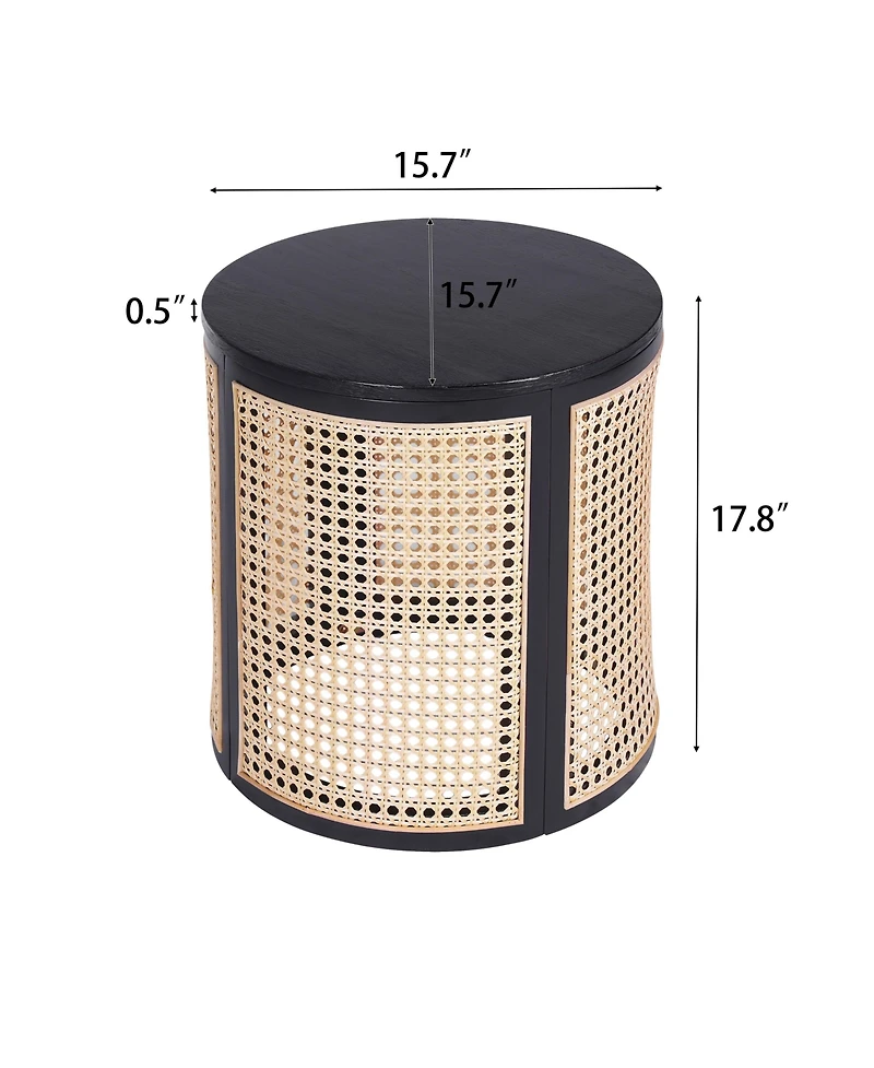 Flynama Round Rattan End Table, 15.7 Inch Woven Side Table with Rubber Wood Top, Small Nightstand for Living Room Bedroom
