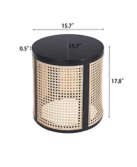 Flynama Round Rattan End Table, 15.7 Inch Woven Side Table with Rubber Wood Top, Small Nightstand for Living Room Bedroom