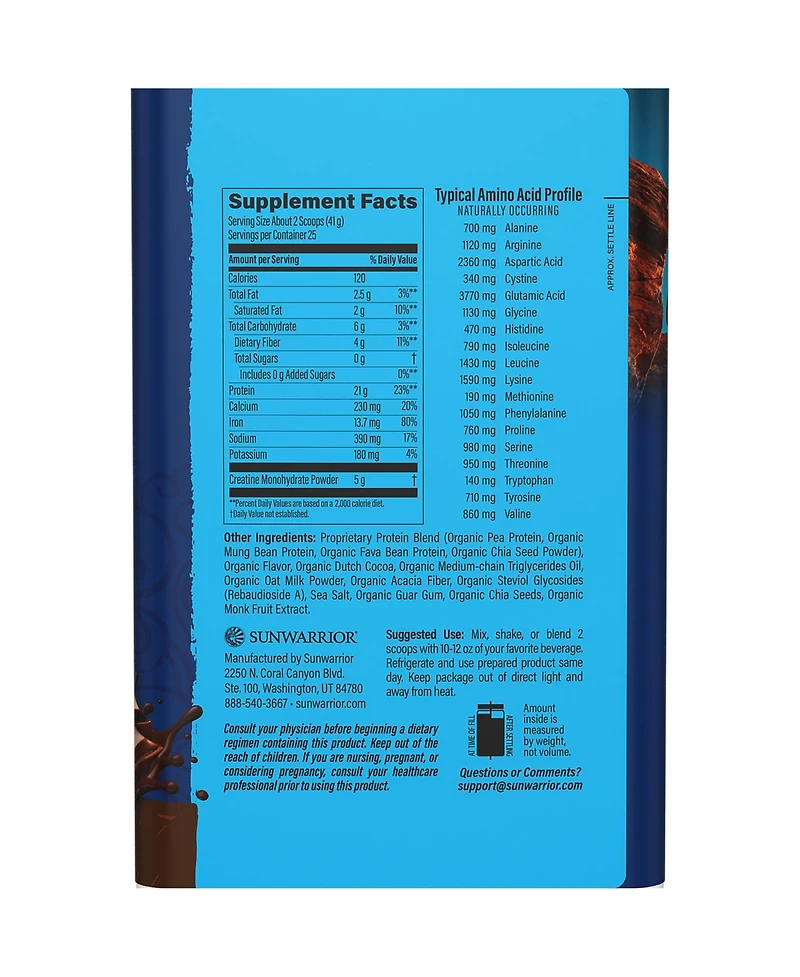 Sunwarrior Warrior Blend Protein Powder with Creatine, Chocolate, 25 Servings