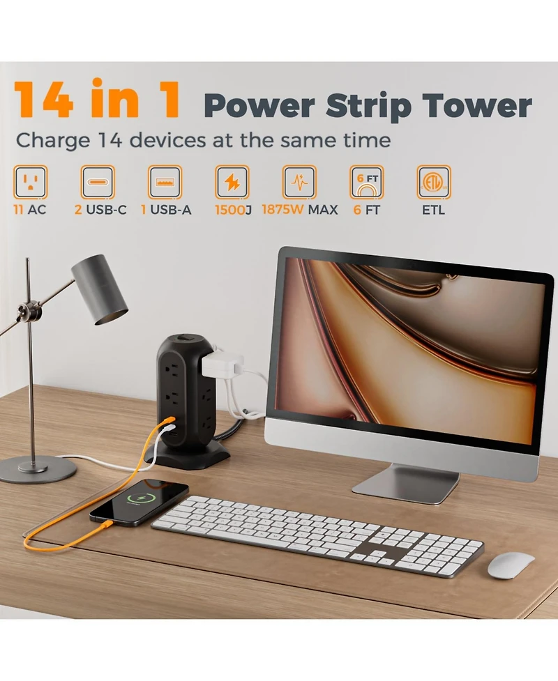 Tessan 14-in-1 Tower Power Strip, 11 Ac Outlets + 3 Usb Ports, 20W Usb-c, 1500J Surge Protection, 6 ft Cord for Home and Office