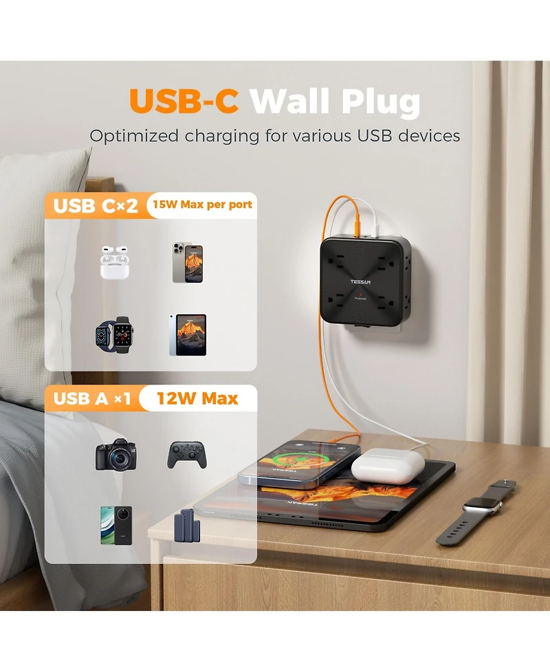 Tessan 11-in-1 Outlet Extender, 8 Ac Outlets + 3 Usb Ports, 20W Usb-c, 900J Surge Protection for Home and Office