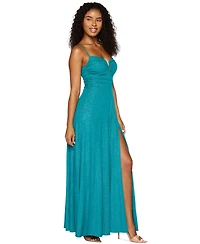 B Darlin Juniors' Glitter Ruched-Bodice Front-Slit Gown