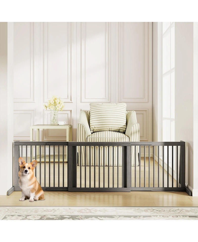 Gymax Folding Adjustable Free Standing 3 Panel Wood Pet Dog Slide Gate Safety Fence