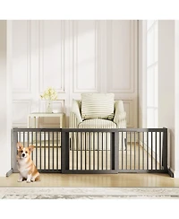 Gymax Folding Adjustable Free Standing 3 Panel Wood Pet Dog Slide Gate Safety Fence