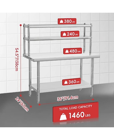 homfan Heavy Duty Stainless Steel Work Table with Overshelf - Commercial Prep plus Storage Shelf for Restaurant, Kitchen,