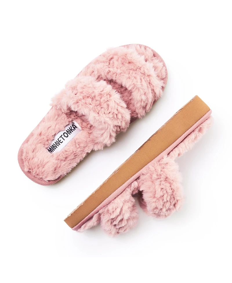 Minnetonka Women's Teddy Two Band Faux Fur Slippers