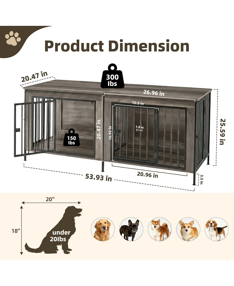 Zeny Double Dog Crate Furniture with Divider, Heavy Duty Pet Kennel End Table Tv Stand