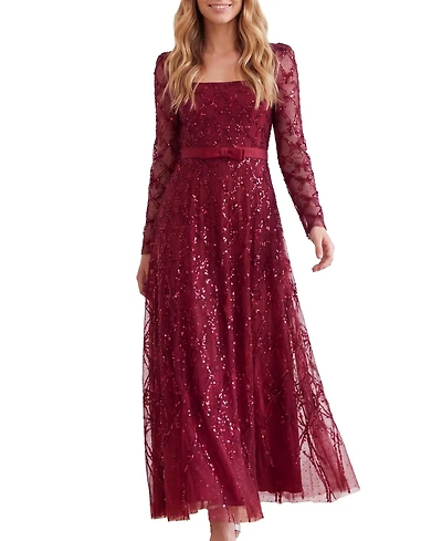 Needle & Thread Women's Bow Lattice Long Sleeve Sequin Gown