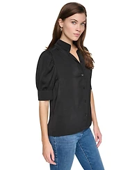 Dkny Jeans Petite Stand-Collar Puff-Sleeve Blouse