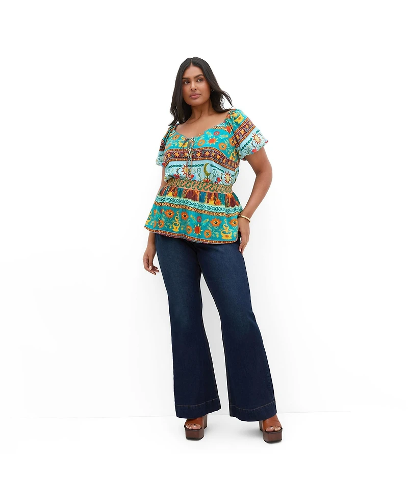 City Chic Plus Amaria Puff-Sleeve Print Tie-Front Top