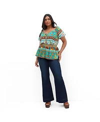 City Chic Plus Amaria Puff-Sleeve Print Tie-Front Top