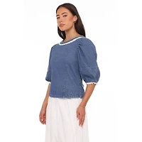 Petal and Pup Women's Merli Denim Open-Back Puff-Sleeve Top