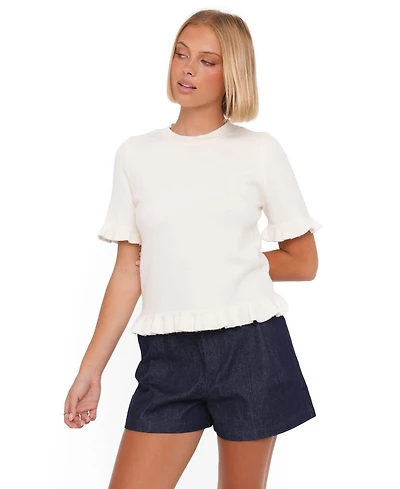 Petal and Pup Women's Emilie Ribbed-Knit Ruffle Short-Sleeve Crewneck Sweater